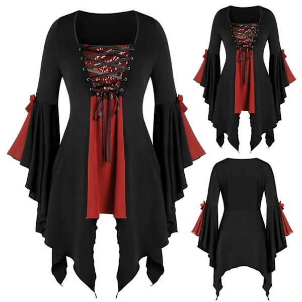 Viking pirat cosplay kostumer Halloween hekse kostume middelalder steampunk dame off shoulder t-shirt bandage vest XXXL XXXL Red