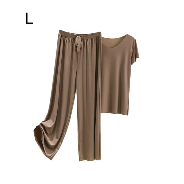 Kvinnor Ice Silk Pyjamas Set T-shirt Elastisk midja lösa byxor Dark khaki . Dark khaki L
