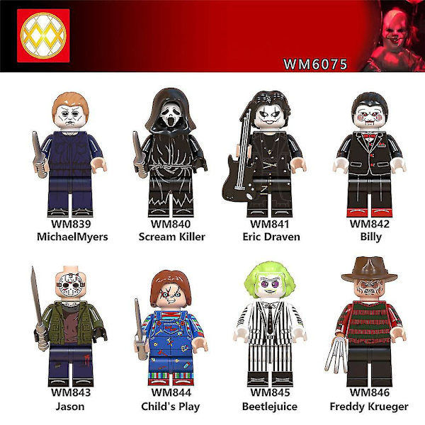 8 stk/sett Hete skrekkfilmfigurer Minifigurer Billy Freddy Jason Byggesteiner Minifigurer Leker Barn Halloween Kreative Gaver Gaver[HK]
