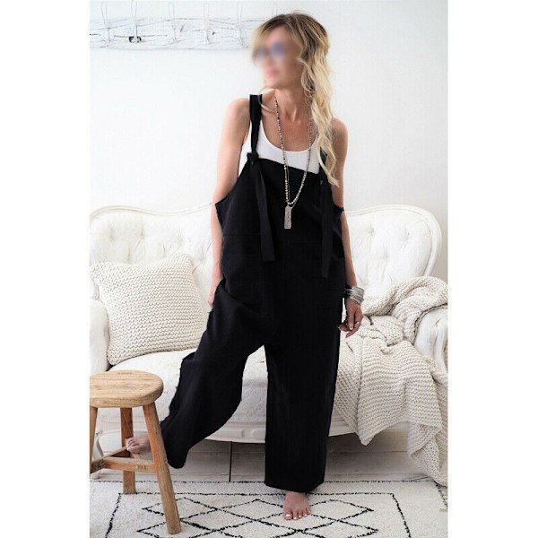 Dame Dungarees Strap Overall Baggy Harem Ærmeløs Jumpsuit Sort RTX Black XL