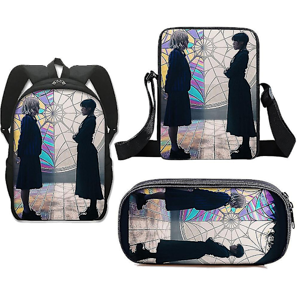 3-delt sett Wednesday Adams skoleveske Ryggsekk + pennal + liten veske - Perf Style 1