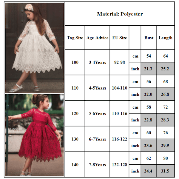 Spets prinsessa klänning - födelsedagsfest temperament tjej klänning - S red red 100cm
