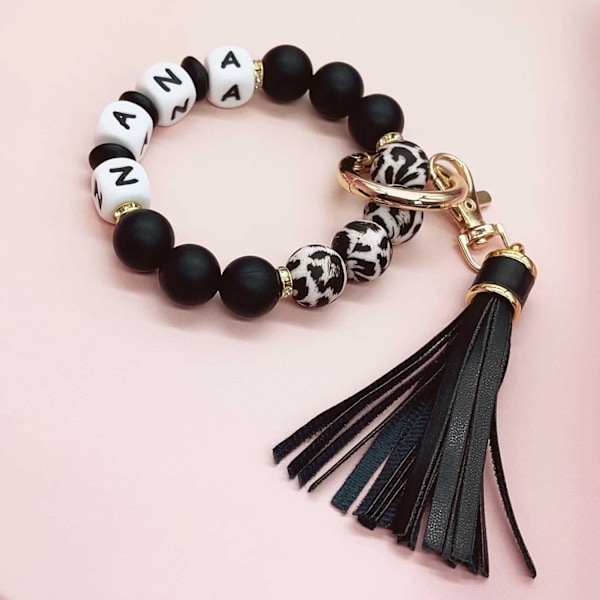 Silikonperle Armbånd Nøglering Håndledsrem Nøglering Bangle Kæder til Kvinder med Læder Kvast Nana-leopard and Black