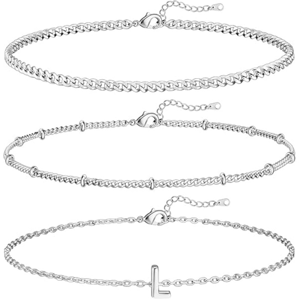 3 kpl valkokultaiset nimikirjainrannekkeet naisille, sirot 14K kultaiset rannekorut, kirjainlinkin riipus A-Z, monogrammi rannekoru, tahraamattomat korut lahjoiksi L