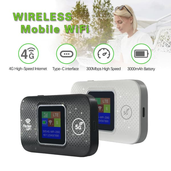Bärbar 4G LTE-router med färgskärm, mobil WiFi-hotspot med SIM-kortplats, stöder 10 enheter (SIM-kort ingår ej).
