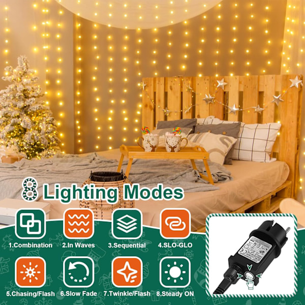 Julelys Udendørs Indendørs 20 m 200 LED Julelys Strømdrevne med Stikkontakt Timer, 8 Tilstande IP65 Vandtætte Julelys til Have