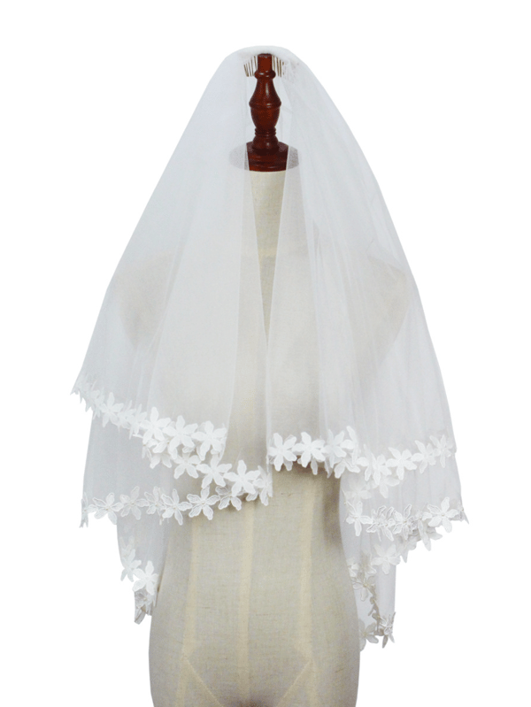 Dobbeltlags brudeslør med blondekant, hvid, medium længde, bryllupstilbehør 82*52cm