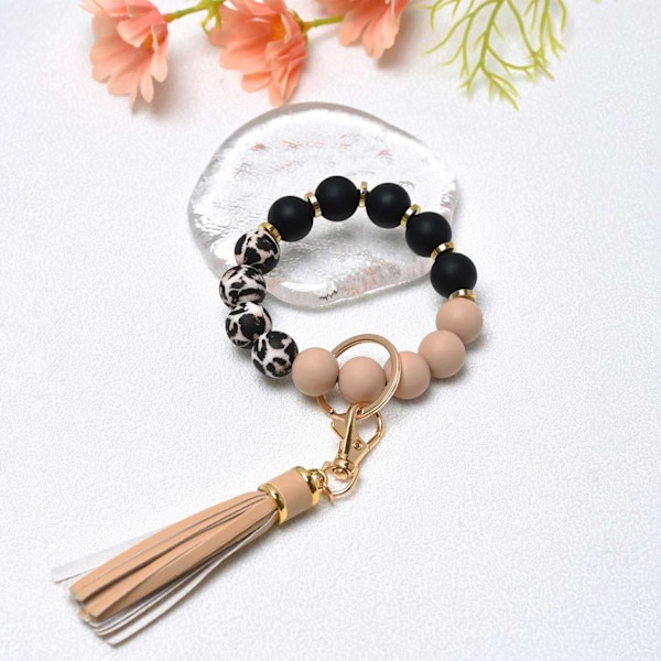 Silikonperle Armbånd Nøglering Håndledsrem Nøglering Bangle Kæder til Kvinder med Læder Kvast Khaki Black