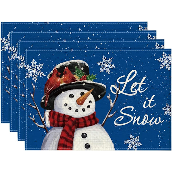 Punainen Lumimies Let It Snow -talvipöytäliinat, 4 kpl, 12x18 tuumaa, jouluiset pöytäliinat juhliin, keittiöön ja ruokailuun Blue
