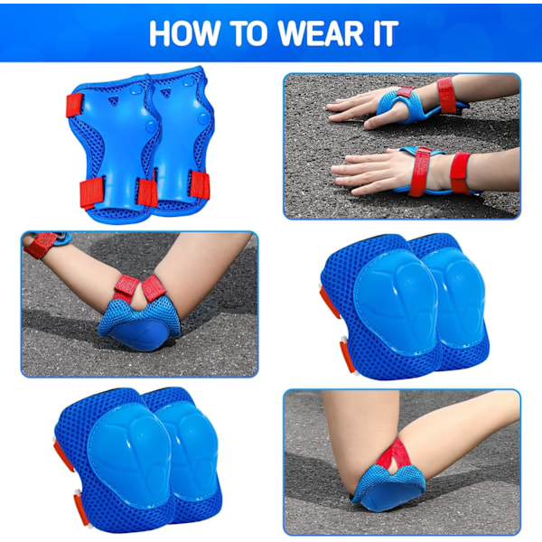 Skyddsutrustning för barn - Knäskydd för barn 3-14 år, knä- och armbågsskydd för småbarn med handledsskydd 3 i 1  S BlueRed