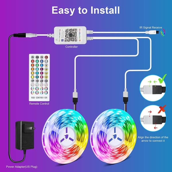 15m RGB LED Stripelys – Musikk Synkronisering, App & Fjernkontroll, Bluetooth Lyssett