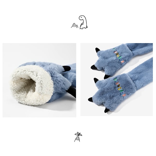 Vintermössa för barn med tecknad dinosaurie, plyschhalsduk, mössa, halsduk, en vintertjock varm halsduk för pojkar och flickor, öronmuffar Blue
