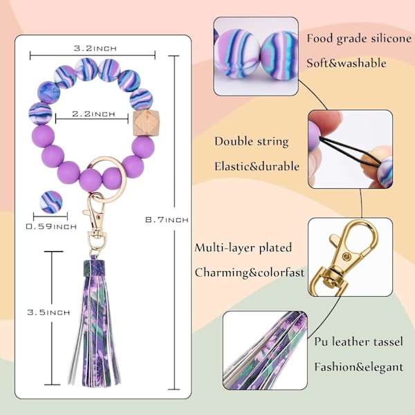 Silikonperle Armbånd Nøglering Håndledsrem Nøglering Bangle Kæder til Kvinder med Læder Kvast Lavender