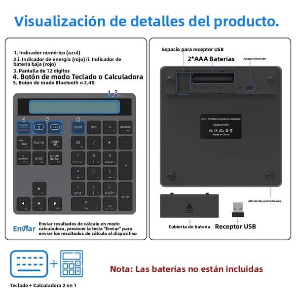 2-i-1 Bluetooth Trådløst Numerisk Tastatur Sort med Display, Kompatibel med Windows Mac, til PC Bærbar Tablet black