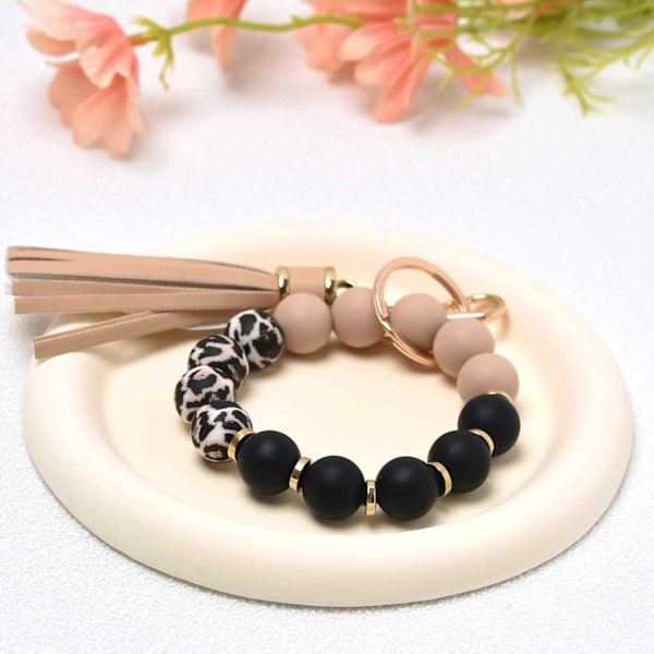 Silikonperle Armbånd Nøglering Håndledsrem Nøglering Bangle Kæder til Kvinder med Læder Kvast Khaki Black