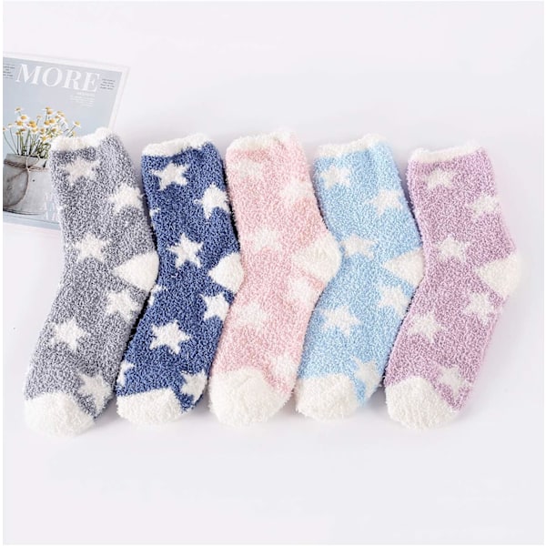Pehmeät ja lämpimät tossusukat naisille - Superpehmeät mikrokuidut, mukavat nukkumissukat, 6 tai 5 paria 5 Pairs Colorful Star