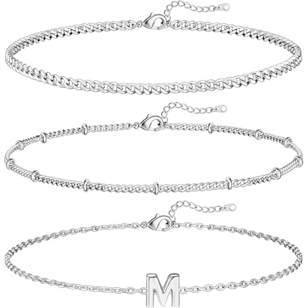 3 kpl valkokultaiset nimikirjainrannekkeet naisille, sirot 14K kultaiset rannekorut, kirjainlinkin riipus A-Z, monogrammi rannekoru, tahraamattomat korut lahjoiksi M