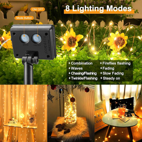 Solcelled Feelysslyng Utendørs 1 Stykke 10 m 100 LED Kobbertråd, Minne med 8 Moduser IP65 Vanntett Dekorasjon for Hage, Trær, Balkong, Terrasse, Port, Y