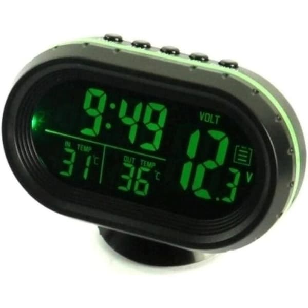 Grønt digitalt termometer, ur, bilvoltmeter, 4-i-1 alarm, spændingsovervågning, LCD-baggrundsbelysning, display