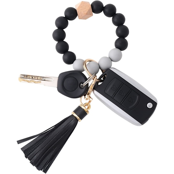 Silikonperle Armbånd Nøglering Håndledsrem Nøglering Bangle Kæder til Kvinder med Læder Kvast Black