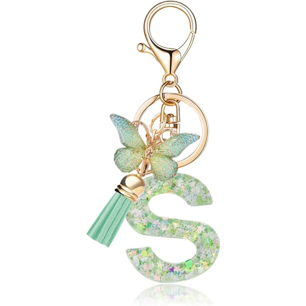 Mode Alphabet Initial Bogstav Nøglering Tassel Butterfly Vedhæng Nøglering til Pung Håndtasker Kvinder Pige Green Butterfly Letter S