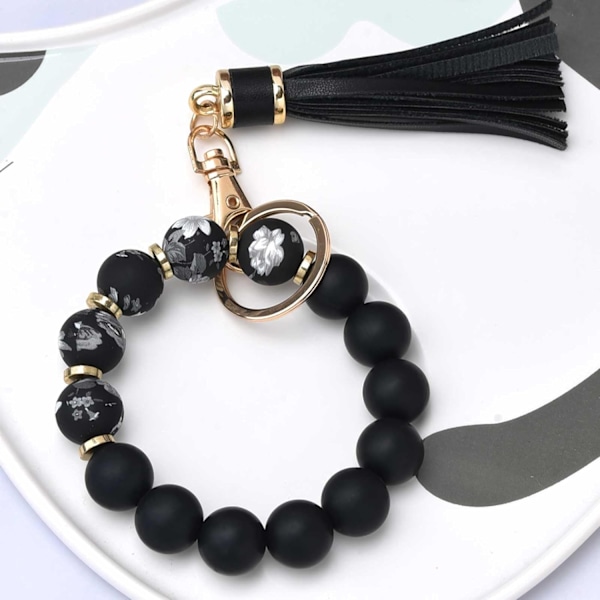 Silikonperle Armbånd Nøglering Håndledsrem Nøglering Bangle Kæder til Kvinder med Læder Kvast Flower Black