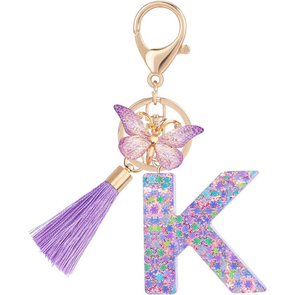 Sööt roosad võtmehoidjad naistele ja tüdrukutele, algustähega võtmehoidjad tutiga, ripatsid võtmetele, rahakotile, käekottidele ja seljakottidele Purple Butterfly Letter-k