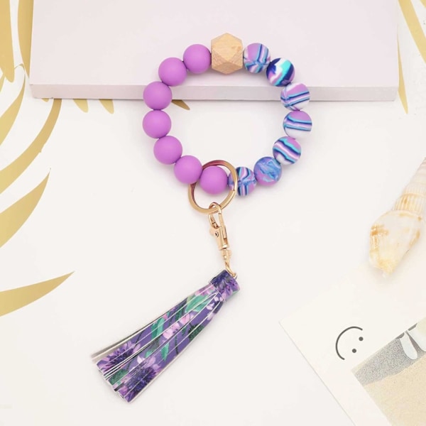 Silikonperle Armbånd Nøglering Håndledsrem Nøglering Bangle Kæder til Kvinder med Læder Kvast Lavender