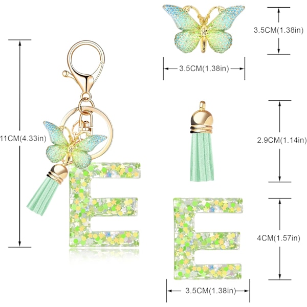 Mode Alphabet Initial Bogstav Nøglering Tassel Butterfly Vedhæng Nøglering til Pung Håndtasker Kvinder Pige Green Butterfly Letter E