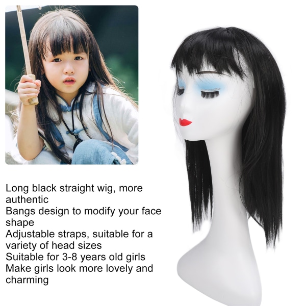 Barne simulert parykk jente bangs parykk svart langt rett hår kjemisk fiber hodeplagg full topp erstatning svart