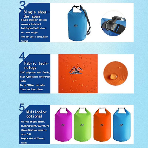 Vattentät torr väska 5L10L20L40L70L för camping, forsränning, vandring, simning, forsränning, kajak, flodtrekking, fiske, utomhus, vattenväska 40L4