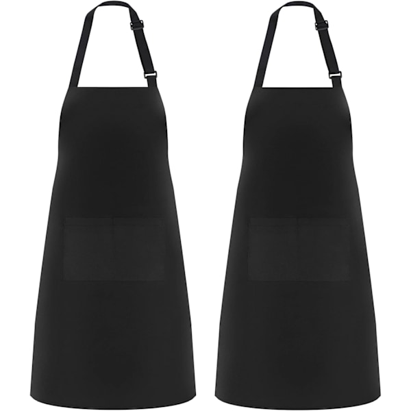 2-pack Köksförkläden, Justerbara Bib Mjuka Kockförkläden med 2 Fickor för Män Kvinnor Svart-2 D