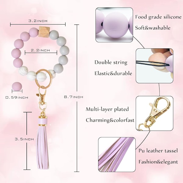 Silikonperle Armbånd Nøglering Håndledsrem Nøglering Bangle Kæder til Kvinder med Læder Kvast Purple