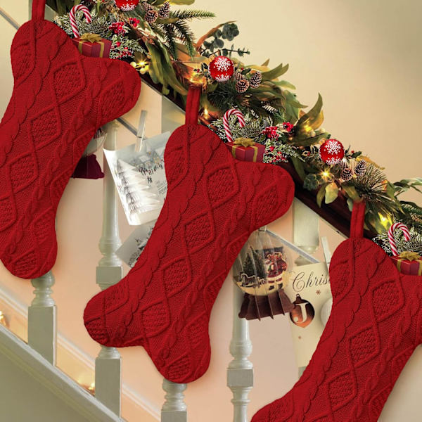 Julstrumpa för hundar, stickad vit julstrumpa för hundar, benformad hundstrumpa julstor storlek för husdjur (RÖD) Red