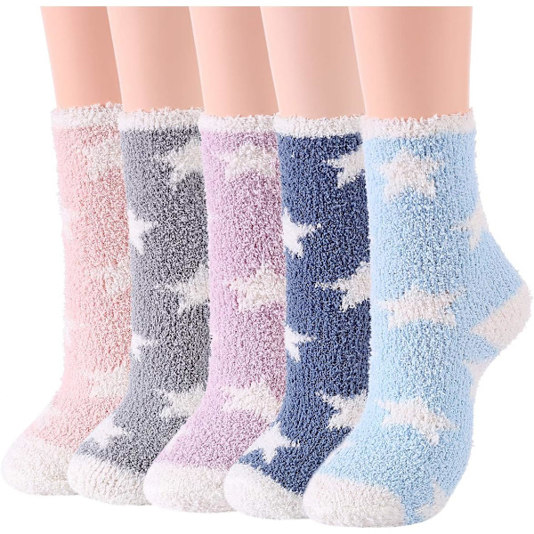 Pehmeät ja lämpimät tossusukat naisille - Superpehmeät mikrokuidut, mukavat nukkumissukat, 6 tai 5 paria 5 Pairs Colorful Star
