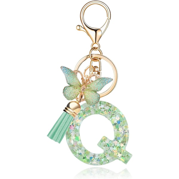 Mode Alphabet Initial Bogstav Nøglering Tassel Butterfly Vedhæng Nøglering til Pung Håndtasker Kvinder Pige Green Butterfly Letter Q