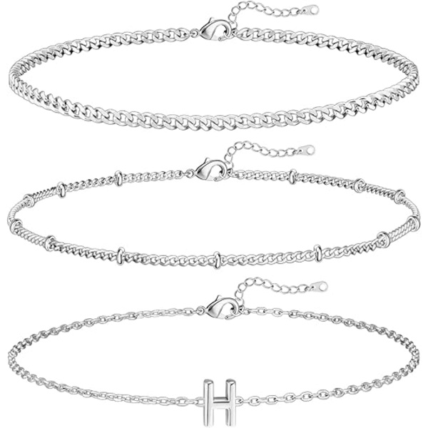3 kpl valkokultaiset nimikirjainrannekkeet naisille, sirot 14K kultaiset rannekorut, kirjainlinkin riipus A-Z, monogrammi rannekoru, anti-tummennuskorut, lahjat H