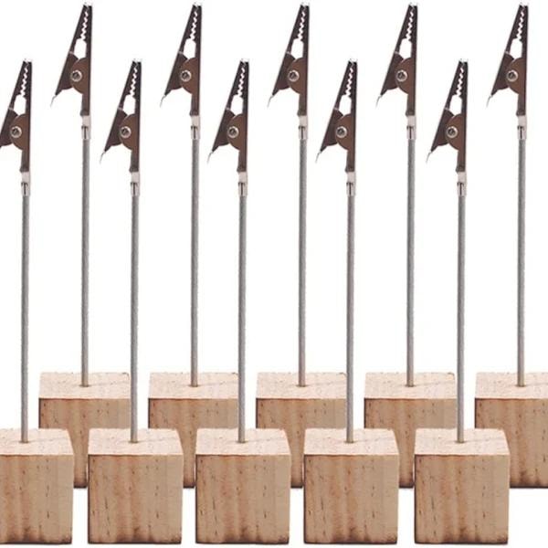 10 stk Memo- og Meldingklippholder, Vertikale Notater / Fotoholder med Alligator-klipp og Furu-base for Kontor / Bryllup / Fest...