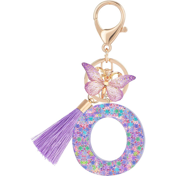 Sööt roosad võtmehoidjad naistele ja tüdrukutele, algustähega võtmehoidjad tutiga, ripatsid võtmetele, rahakotile, käekottidele ja seljakottidele Purple Butterfly Letter-o