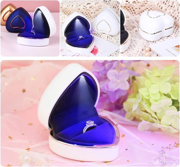 Hjerteforlovelsesringboks LED Ringboks Smykkeboks Bryllupsringboks Frieri Hvit