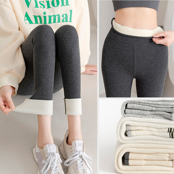 Efterårs-vinter Strikket Leggings: Ribbet, Lodret Stribet, Fleeceforet, Højtaljet, Mavekontrol, Afkortede Blyantsleggings til Enhver Kropsform i M - XXL L (90-110 catties)