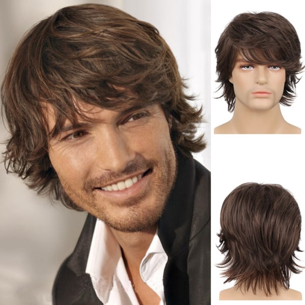 Kort parykk for menn med langt smell justerbar brun myk simulert syntetisk egnet for rett hår cosplay brunt for menn