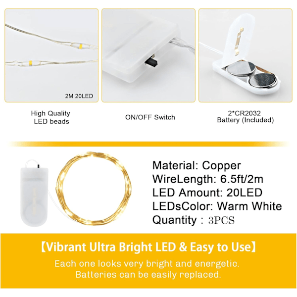 LED-ljusslingor, 3 st 20 LED-trådljusslingor med CR2032 batteridrift på 2M silvertråd vattentät för fest, jul, halloween, ljus