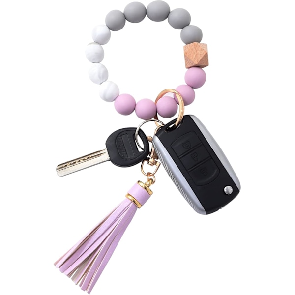Silikonperle Armbånd Nøglering Håndledsrem Nøglering Bangle Kæder til Kvinder med Læder Kvast Purple