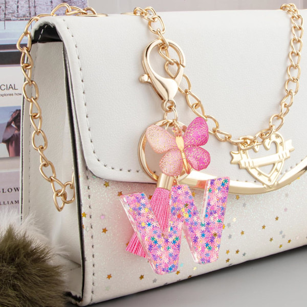 Sødt Rosa Nøglering til Kvinder Piger, Initialbogstav Nøglering med Kvast, Charms til Nøglepung Håndtasker Rygsække Colorful Pink Butterfly-w