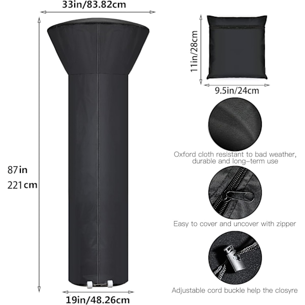 Patiovärmareöverdrag med dragkedja och förvaringsväska, Vattentät, Dammtät, Vindtålig, Soltålig, Snötålig, Svart, 89'' x 33'' x 19''