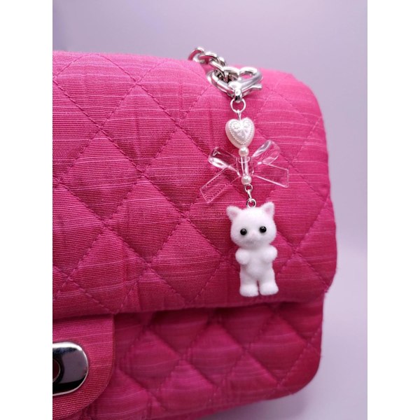 Söt Katt Nyckelring, Luddig Kitty Cat Dekorationspresenter Kattälskare Hjärta Rosett Hängsmycke Kvinnor Flickor Kawaii Katt Väska Charm White