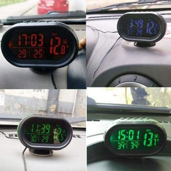 Grønt digitalt termometer, ur, bilvoltmeter, 4-i-1 alarm, spændingsovervågning, LCD-baggrundsbelysning, display