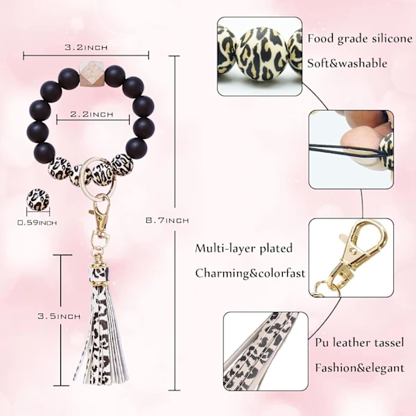 Silikonperle Armbånd Nøglering Håndledsrem Nøglering Bangle Kæder til Kvinder med Læder Kvast Leopard