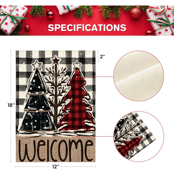 Glædelig Jul Træ Haveflag 12x18 Tommer Dobbeltsidet Ude, Rustik Buffalo Plaid Vinter Burlap Have Udendørs Dekorativt Flag
